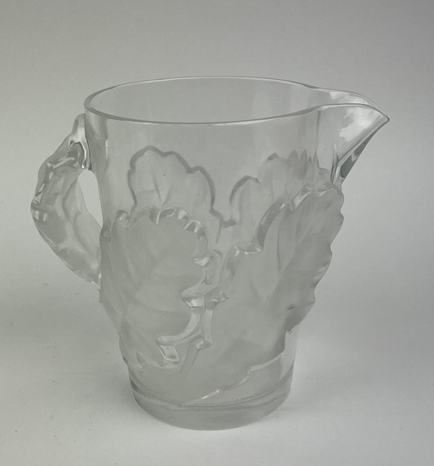 LALIQUE WATER PITCHER, frosted chene oak leaf design with twelve glasses. (13) - Image 5 of 14