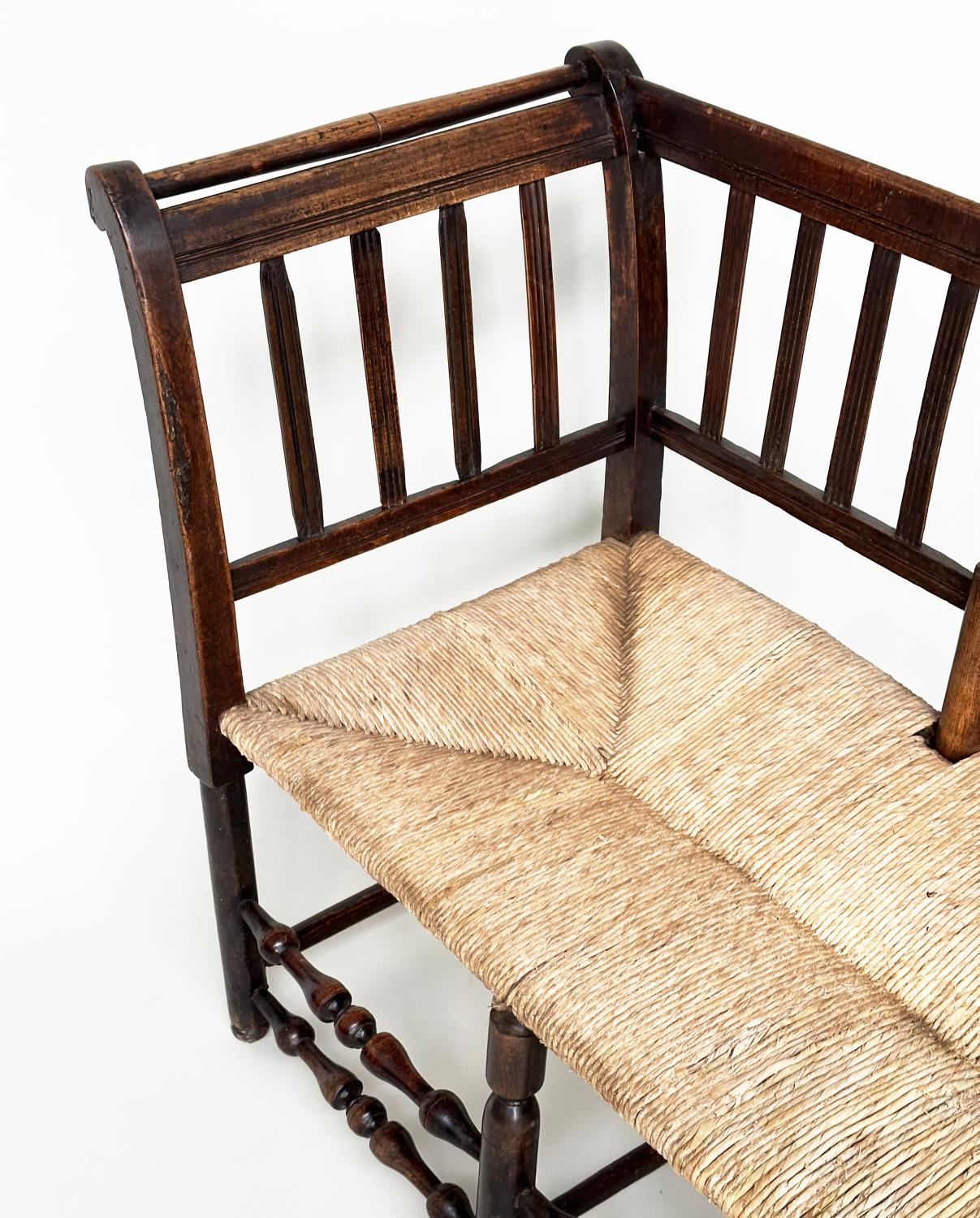 HALL BENCH, 19th century English fruitwood with slatted back, rush seat and turned stretchers, 145cm - Image 12 of 16