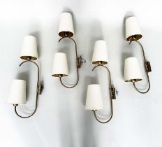 HEATHFIELD & CO WALL SCONCES, a set of four, bent gilt metal each with two branches and conical
