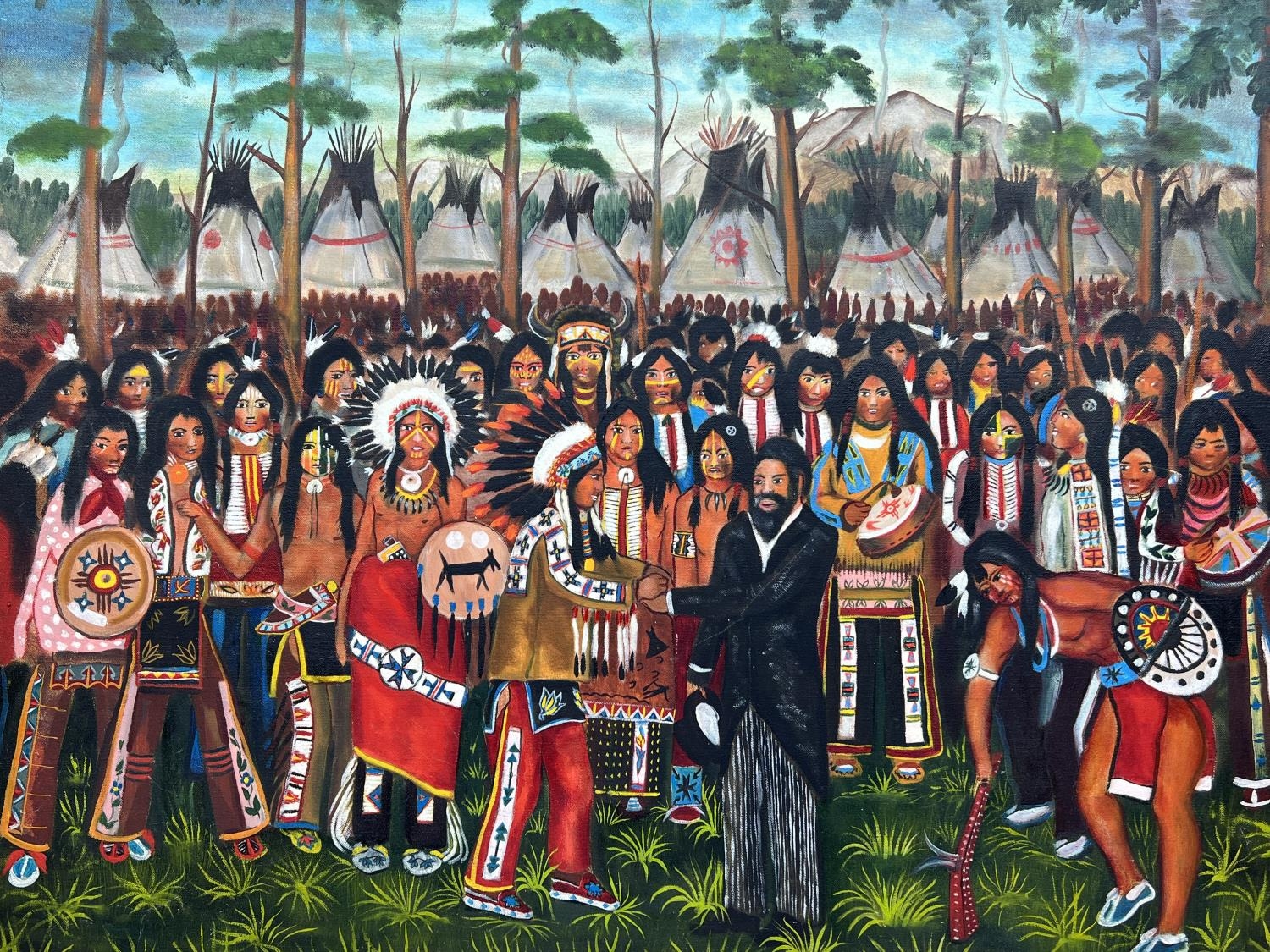 JOHN SUNDANCE KING (1955-1975), 'Benjamin Armstrong meeting the chiefs 1968', oil on canvas, 62cm - Image 2 of 4