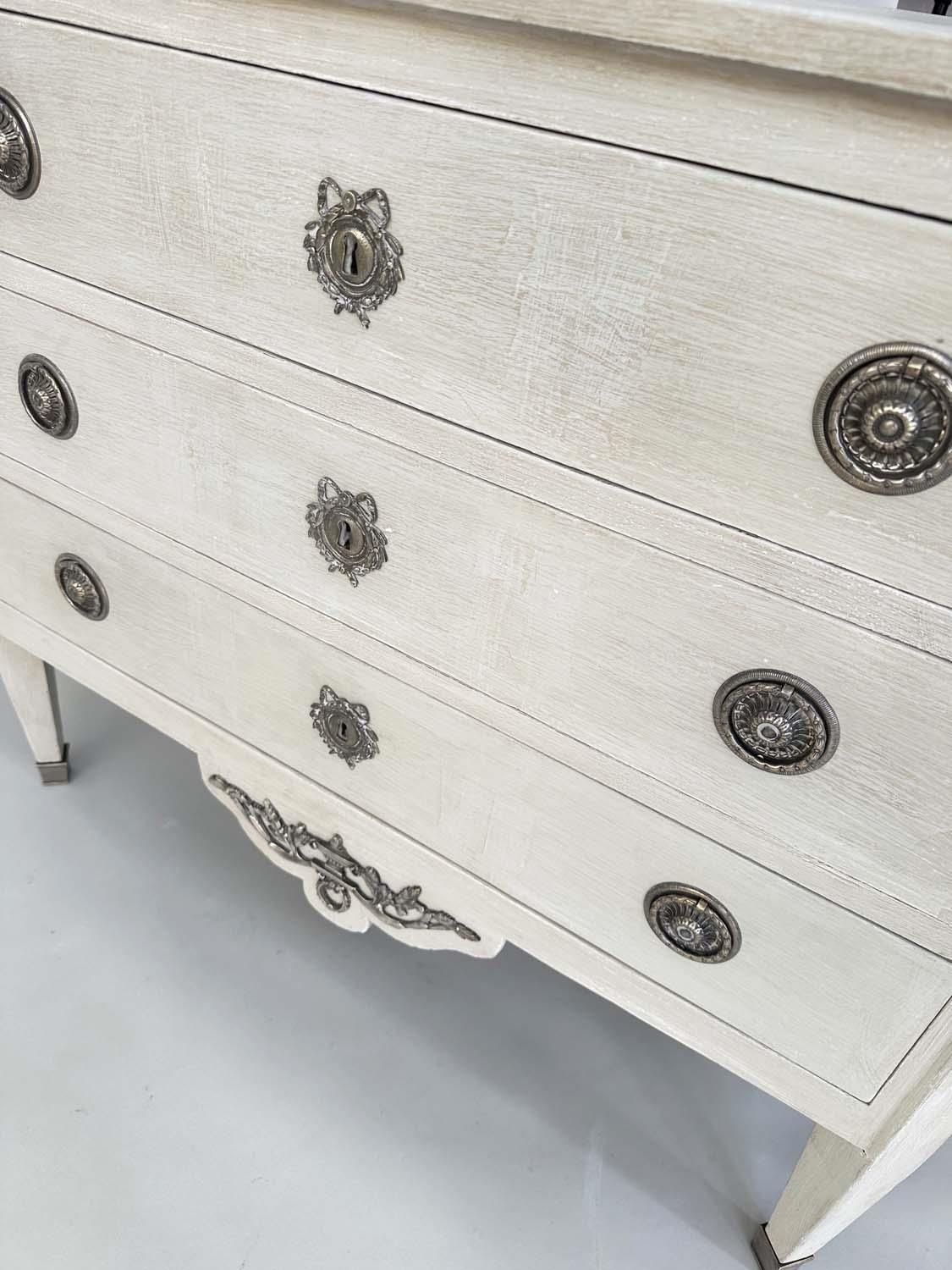 GUSTAVIAN COMMODE, 19th century grey painted and silvered metal mounted with three long drawers, - Image 8 of 10