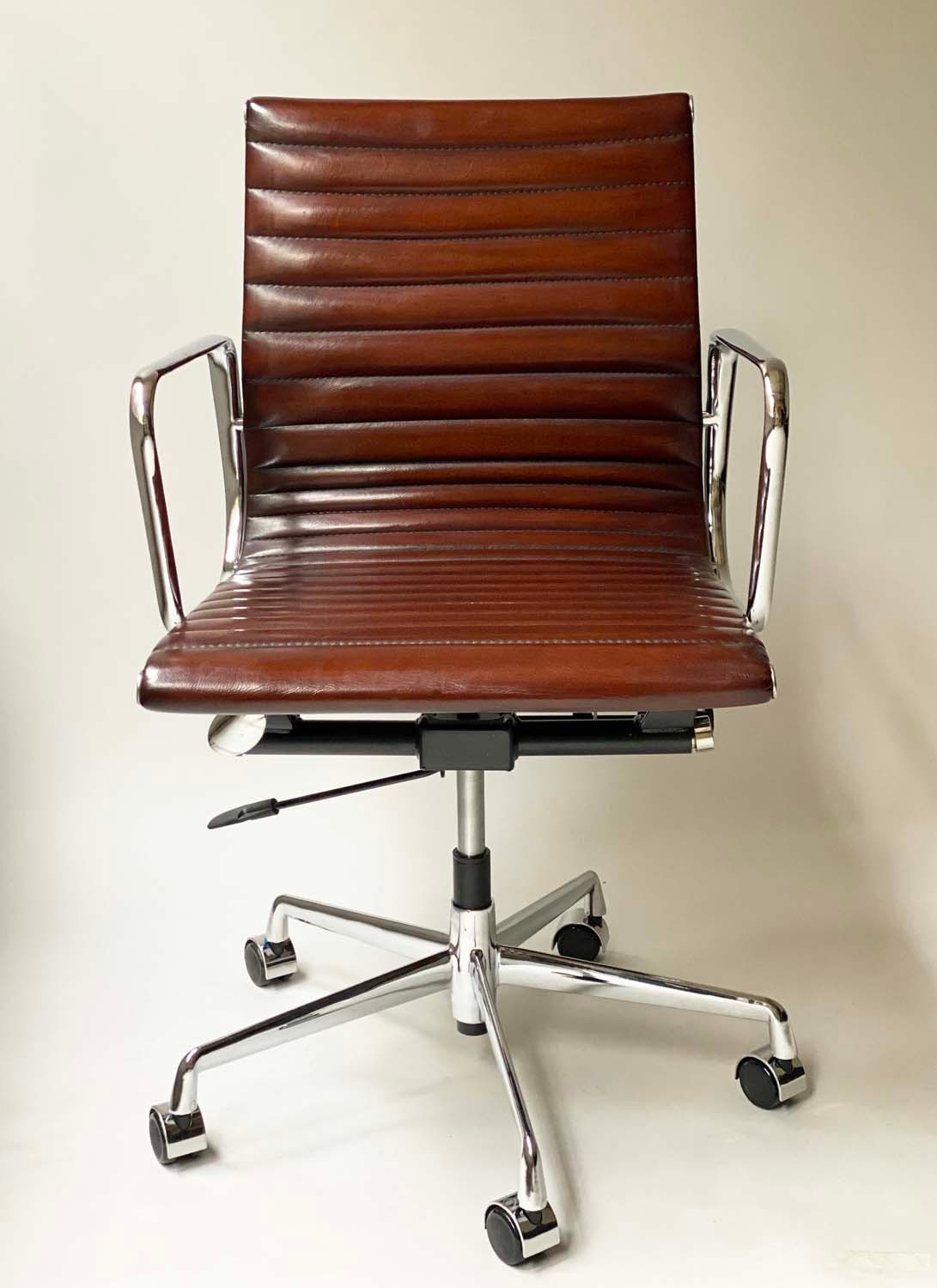 AFTER CHARLES AND RAY EAMES ALUMINIUM GROUP STYLE DESK, with ribbed natural mid brown leather - Image 2 of 9