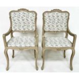 FAUTEUILS, a pair, French Louis XV style grey painted with eucalyptus print linen upholstery. (2)