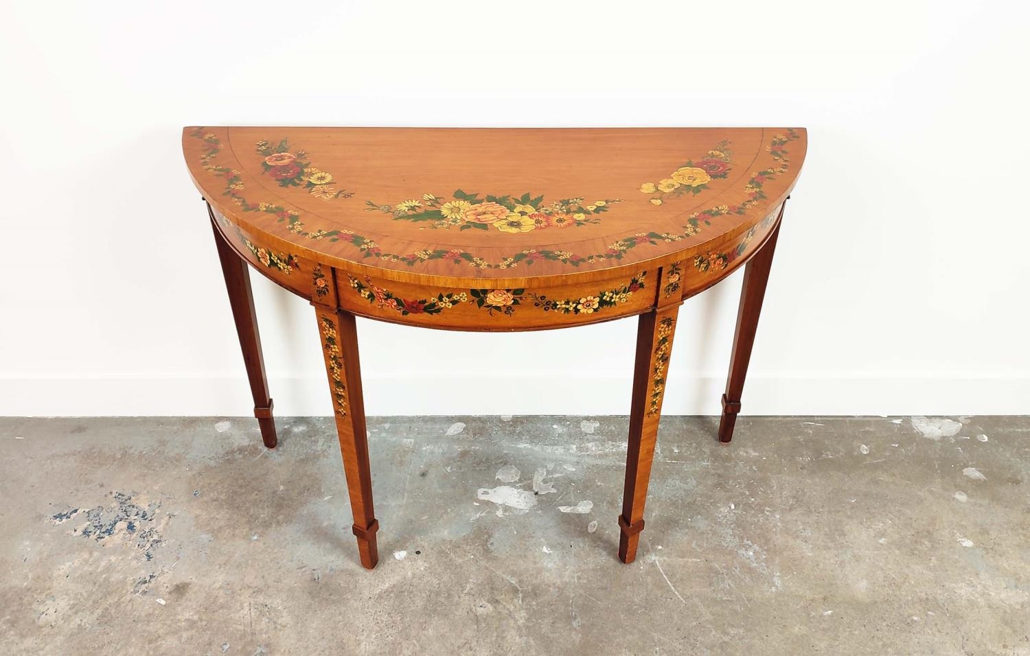 SHERATON STYLE DEMI LUNE SIDE TABLE, late 20th century satinwood and floral painted, 77cm H x - Image 2 of 11