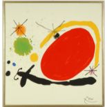 AFTER JOAN MIRO, large red sun on silk, signed in the plate, 80cm x 80cm.