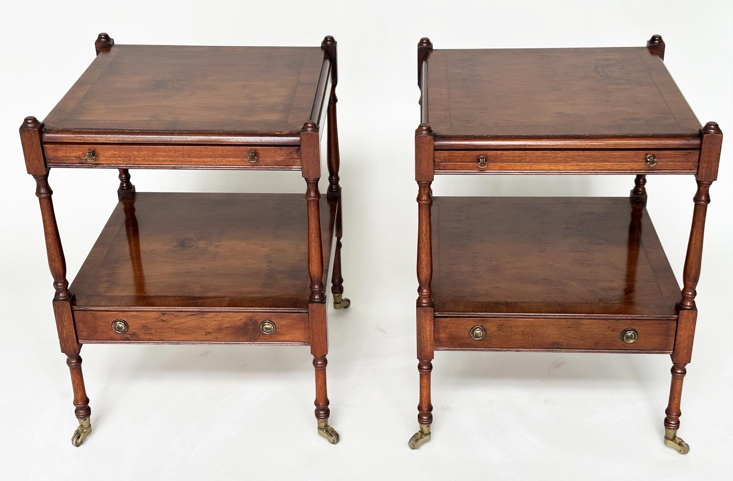 LAMP TABLES, a pair, George III design yewwood and crossbanded each with brushing slide and