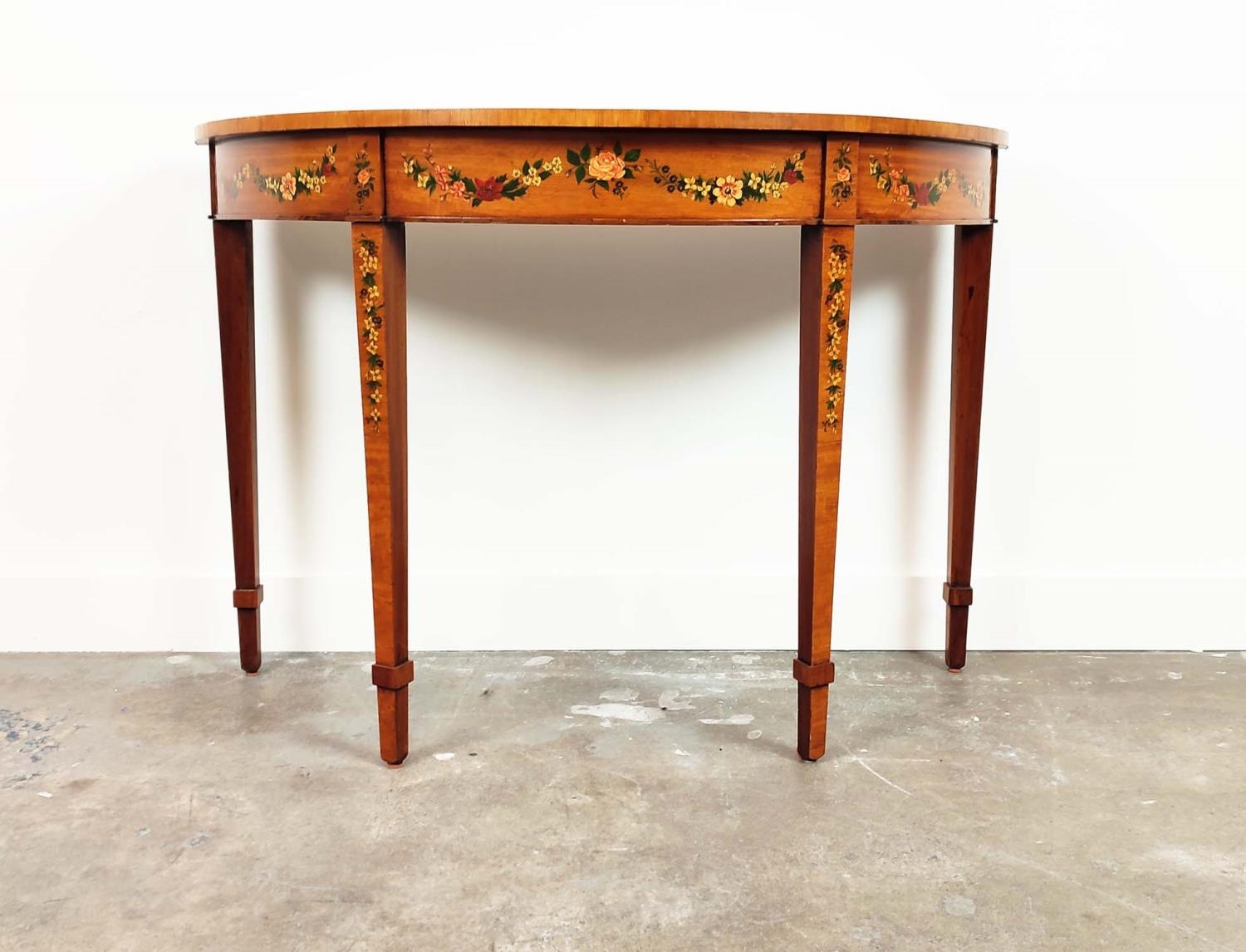 SHERATON STYLE DEMI LUNE SIDE TABLE, late 20th century satinwood and floral painted, 77cm H x - Image 3 of 11