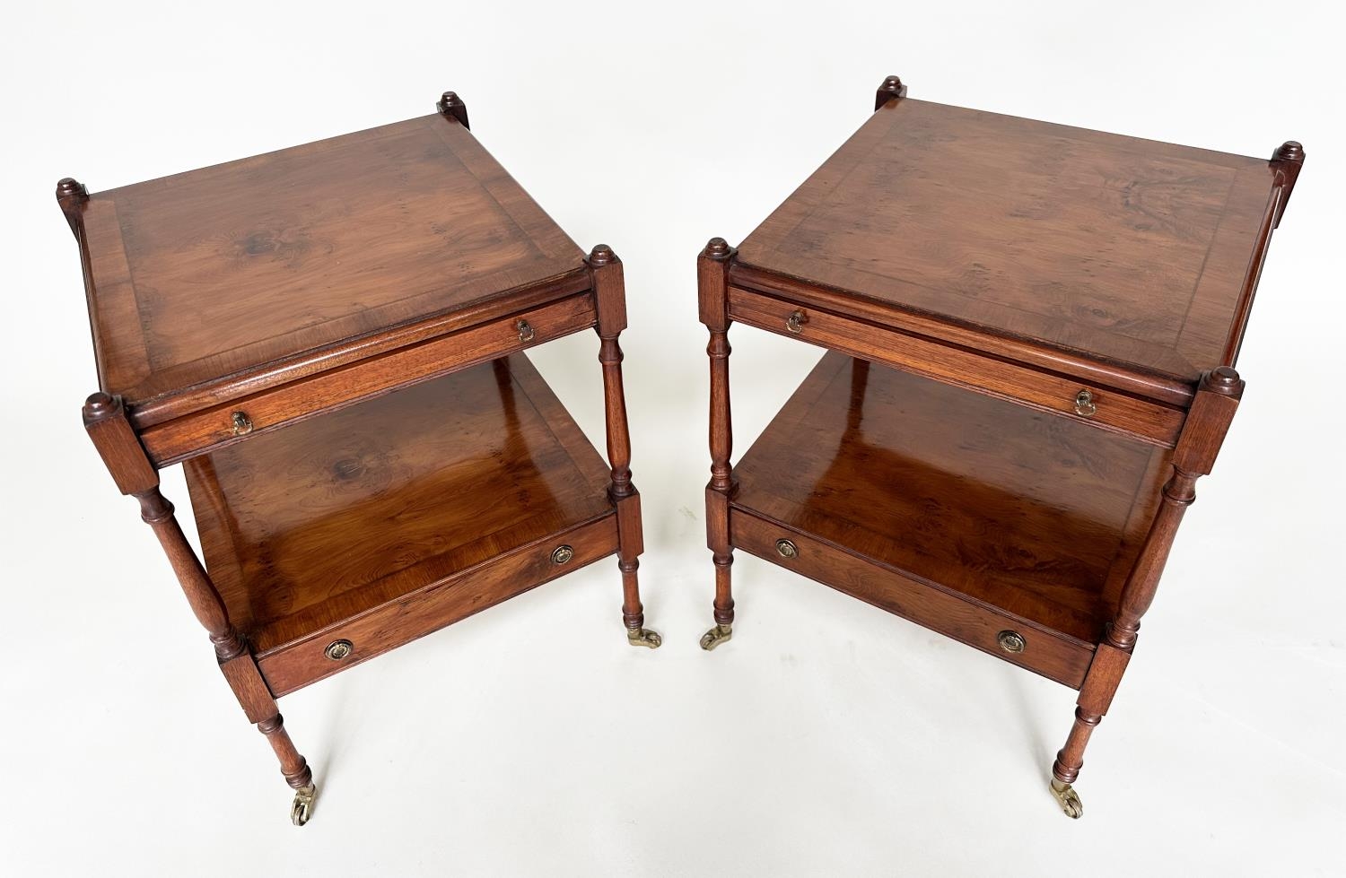 LAMP TABLES, a pair, George III design yewwood and crossbanded each with brushing slide and - Image 3 of 13