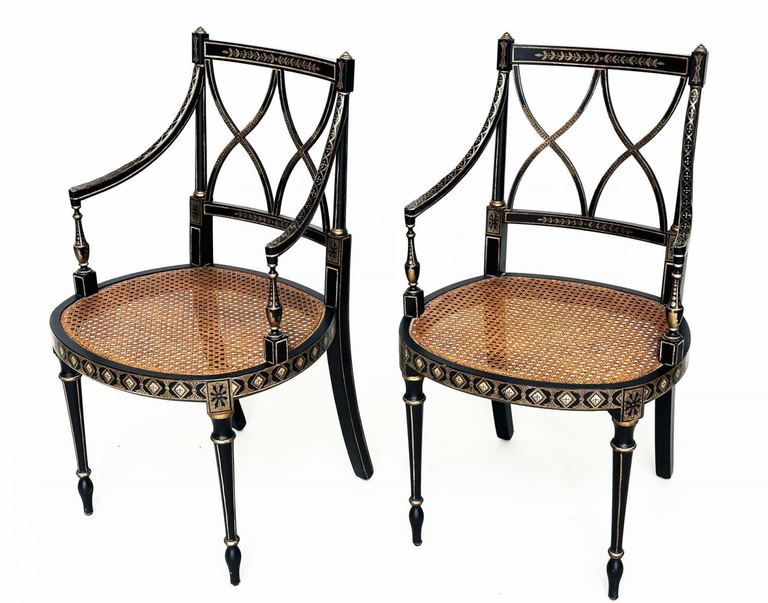 ARMCHAIRS, a pair, Regency style black lacquered and gilt painted with lattice backs and cane seats, - Image 3 of 15