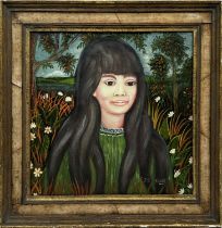 JOHN SUNDANCE KING (1955-1975), 'Girl with green dress, 1969', oil on board, 36cm x 38cm, framed,