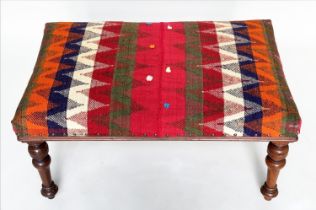 HEARTH STOOL, Victorian walnut rectangular with Persian Qashqai kelim upholstery and well turned