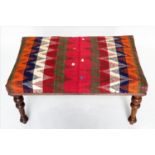 HEARTH STOOL, Victorian walnut rectangular with Persian Qashqai kelim upholstery and well turned