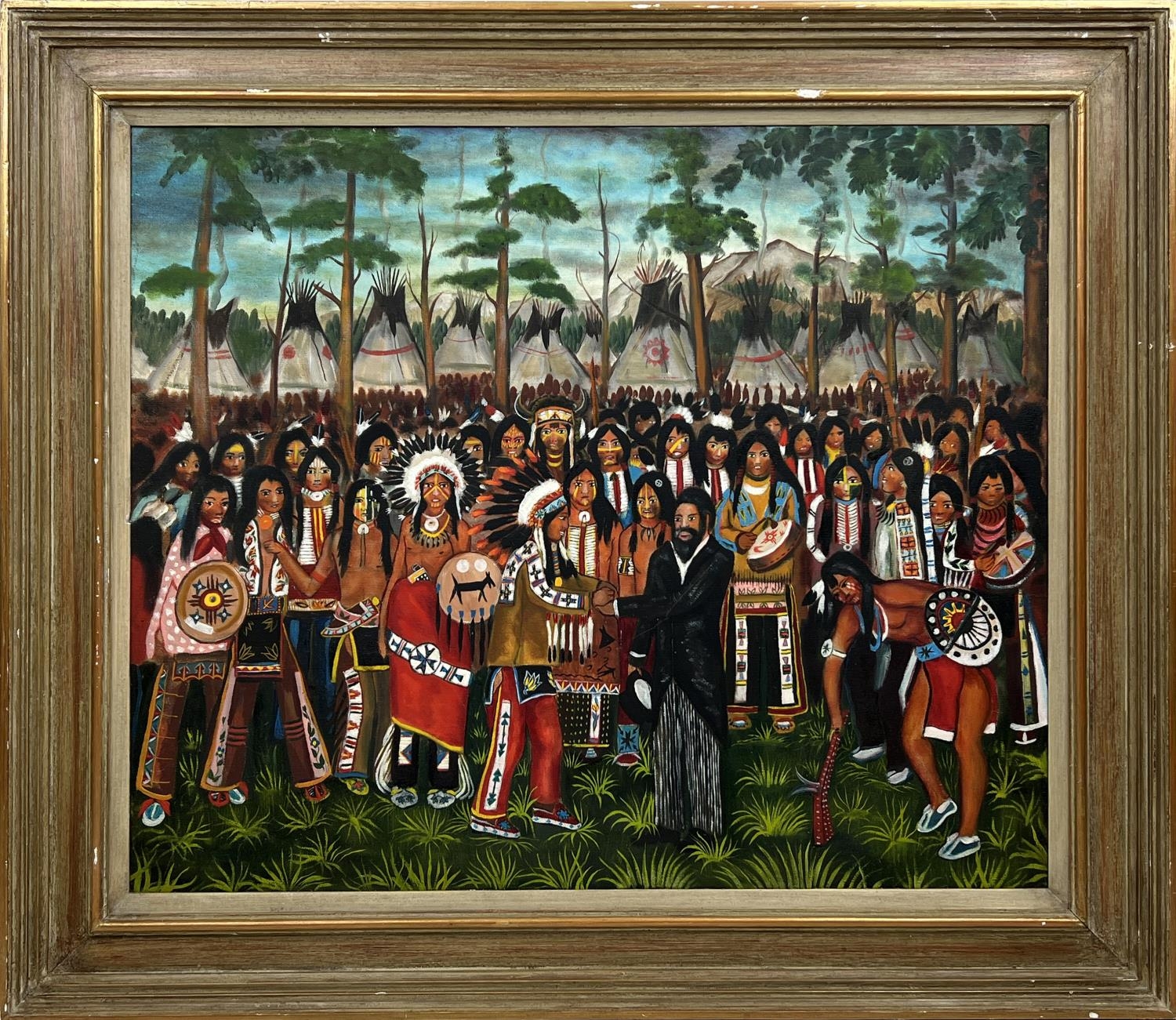 JOHN SUNDANCE KING (1955-1975), 'Benjamin Armstrong meeting the chiefs 1968', oil on canvas, 62cm