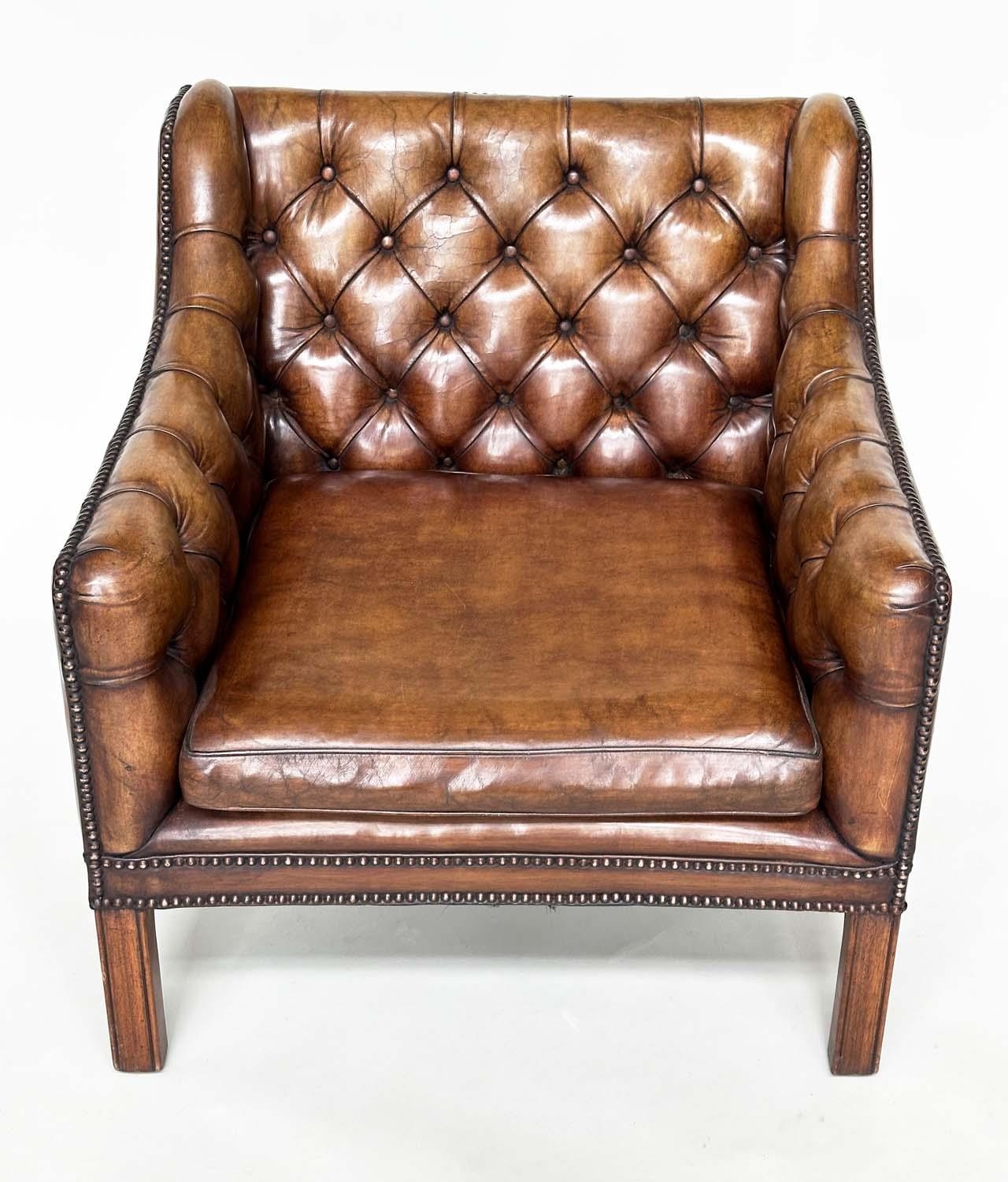 LIBRARY ARMCHAIR, 1970's style antique soft natural close nailed tan brown leather with button - Image 5 of 8