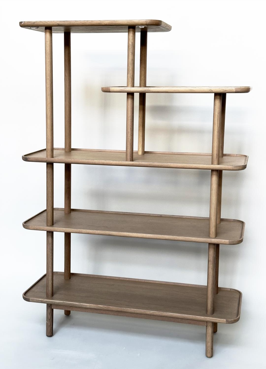 DISPLAY STAND, contemporary oak of five tiers, 164cm H x 110cm W x 39cm D.