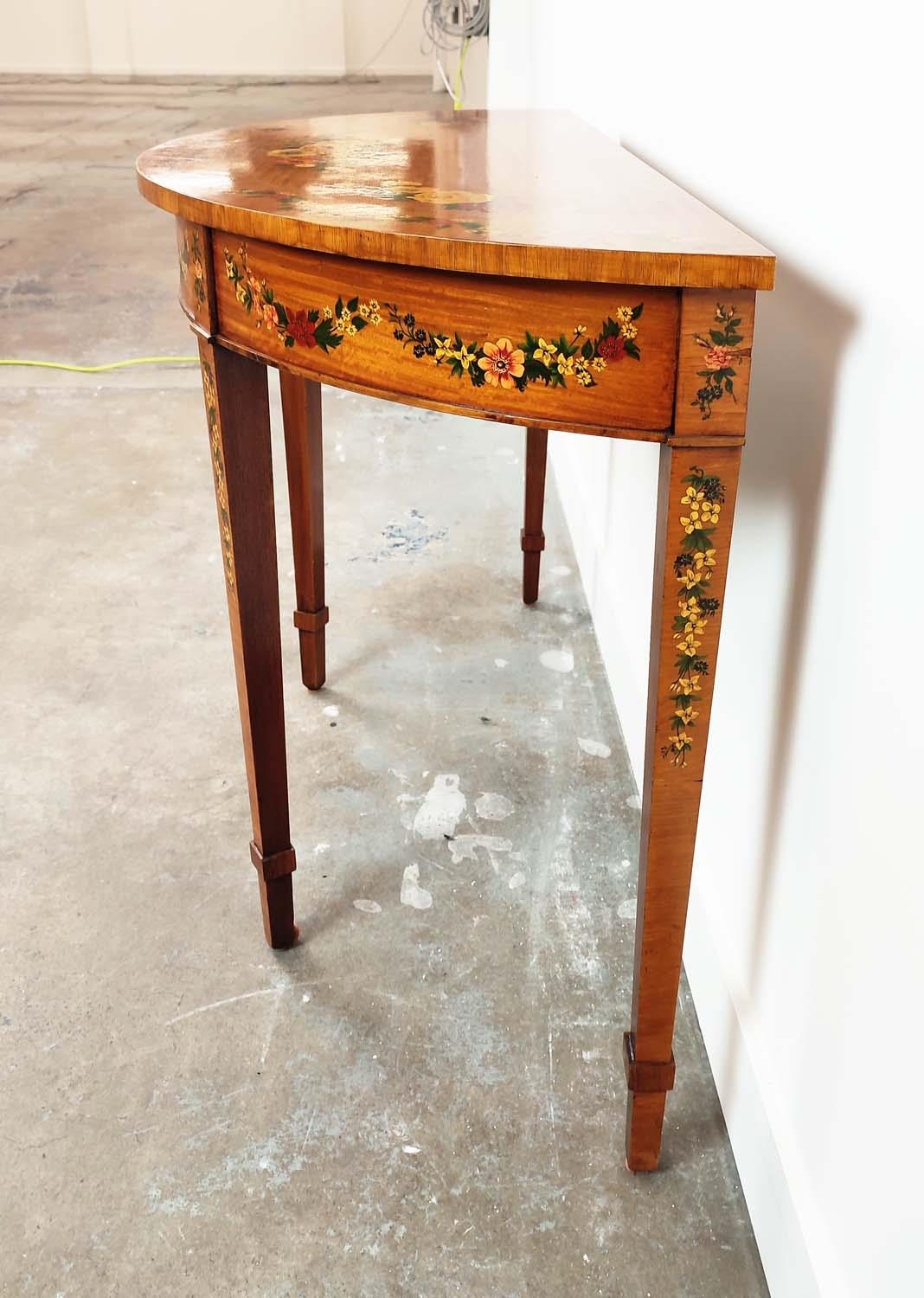 SHERATON STYLE DEMI LUNE SIDE TABLE, late 20th century satinwood and floral painted, 77cm H x - Image 8 of 11