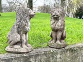 GARDEN LIONS, a pair, well weathered reconstituted stone, seated, 57cm H. (2)