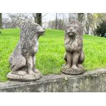 GARDEN LIONS, a pair, well weathered reconstituted stone, seated, 57cm H. (2)