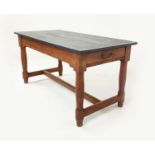 19TH CENTURY KITCHEN TABLE, painted plank top with cleated ends, pitch pine base, two drawers,