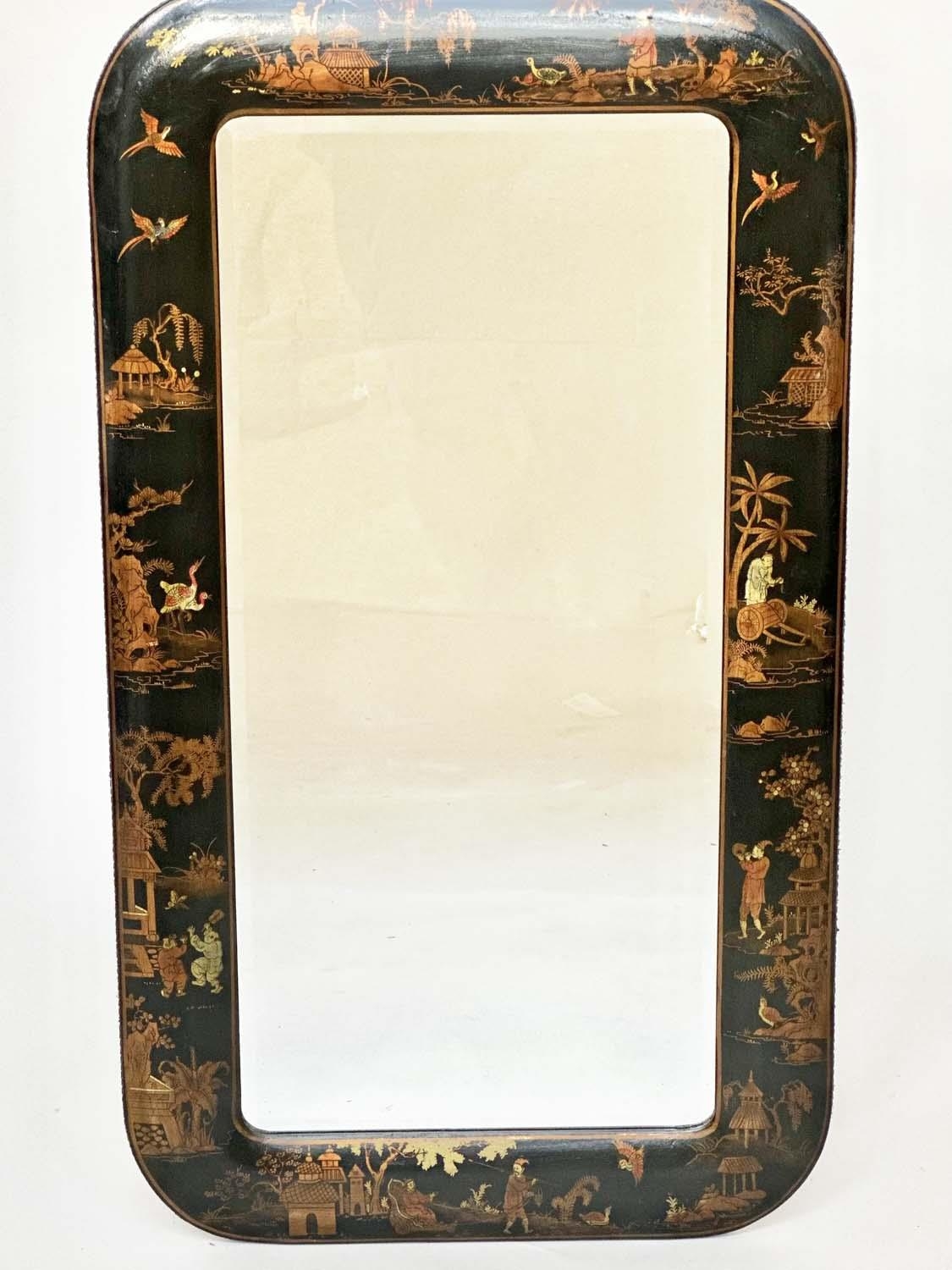 WALL MIRROR, early 20th century lacquered rounded rectangular with gilt polychrome Chinoiserie