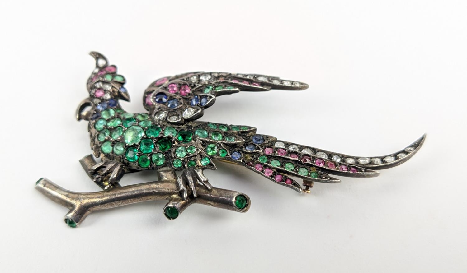 FIGURAL MULTI GEMSTONE SET BROOCH, in the form of an exotic bird on a branch, early 20th Century, - Image 2 of 6