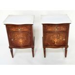 BEDSIDE COMMODINOS, a pair, Italian walnut and foliate satinwood marquetry each with drawer and door