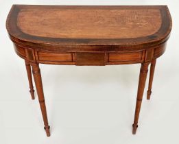 SATINWOOD CARD TABLE, George III period satinwood and rosewood banded with baize lined foldover