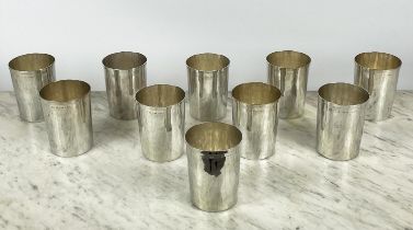 BEAKERS, a set of ten, .925 sterling silver, in hammered finish, stamped makers mark to rim. 10pms