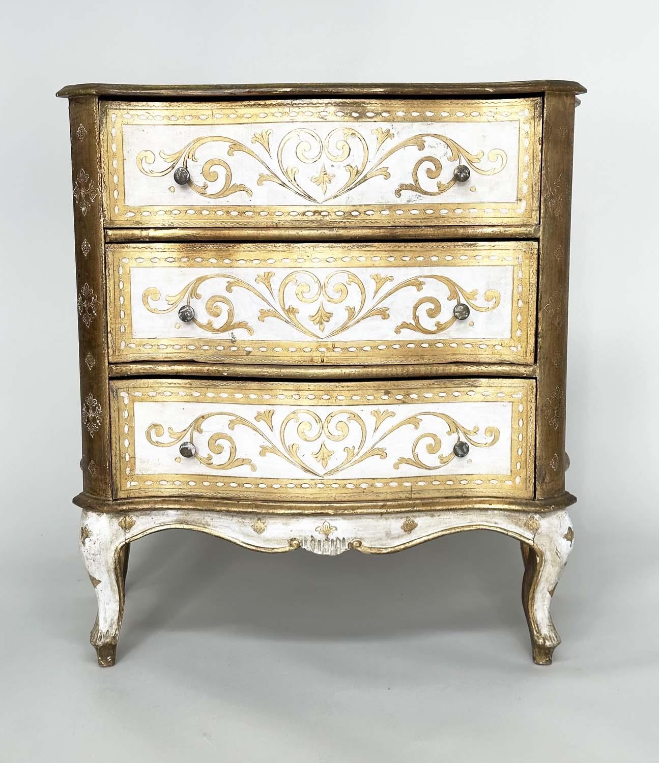 FLORENTINE COMMODE, Italian white painted and parcel gilt of serpentine form with three drawers, - Image 2 of 7