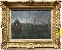 BRITISH IMPRESSIONIST MANNER, 'Ships at harbour', oil on canvas, 30cm x 39cm, monogrammed 'BP',