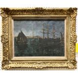 BRITISH IMPRESSIONIST MANNER, 'Ships at harbour', oil on canvas, 30cm x 39cm, monogrammed 'BP',