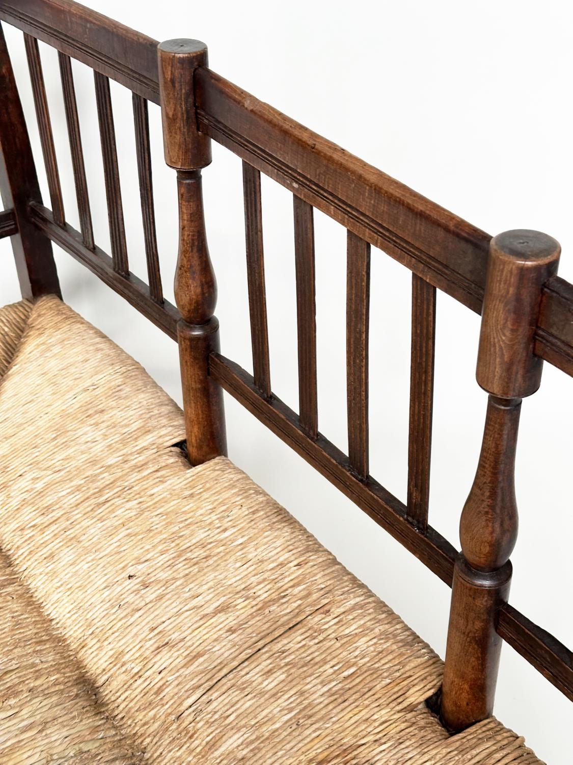 HALL BENCH, 19th century English fruitwood with slatted back, rush seat and turned stretchers, 145cm - Image 14 of 16