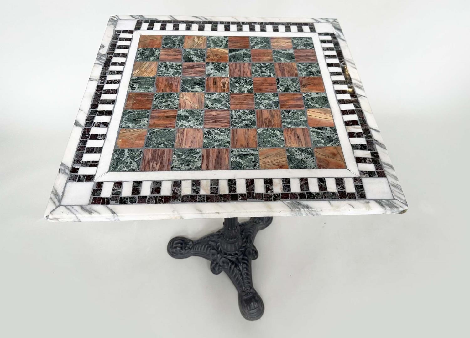 MARBLE TABLE, square games inset top on cast iron triform base, 56cmx 56cm x 73cm H. - Image 4 of 8