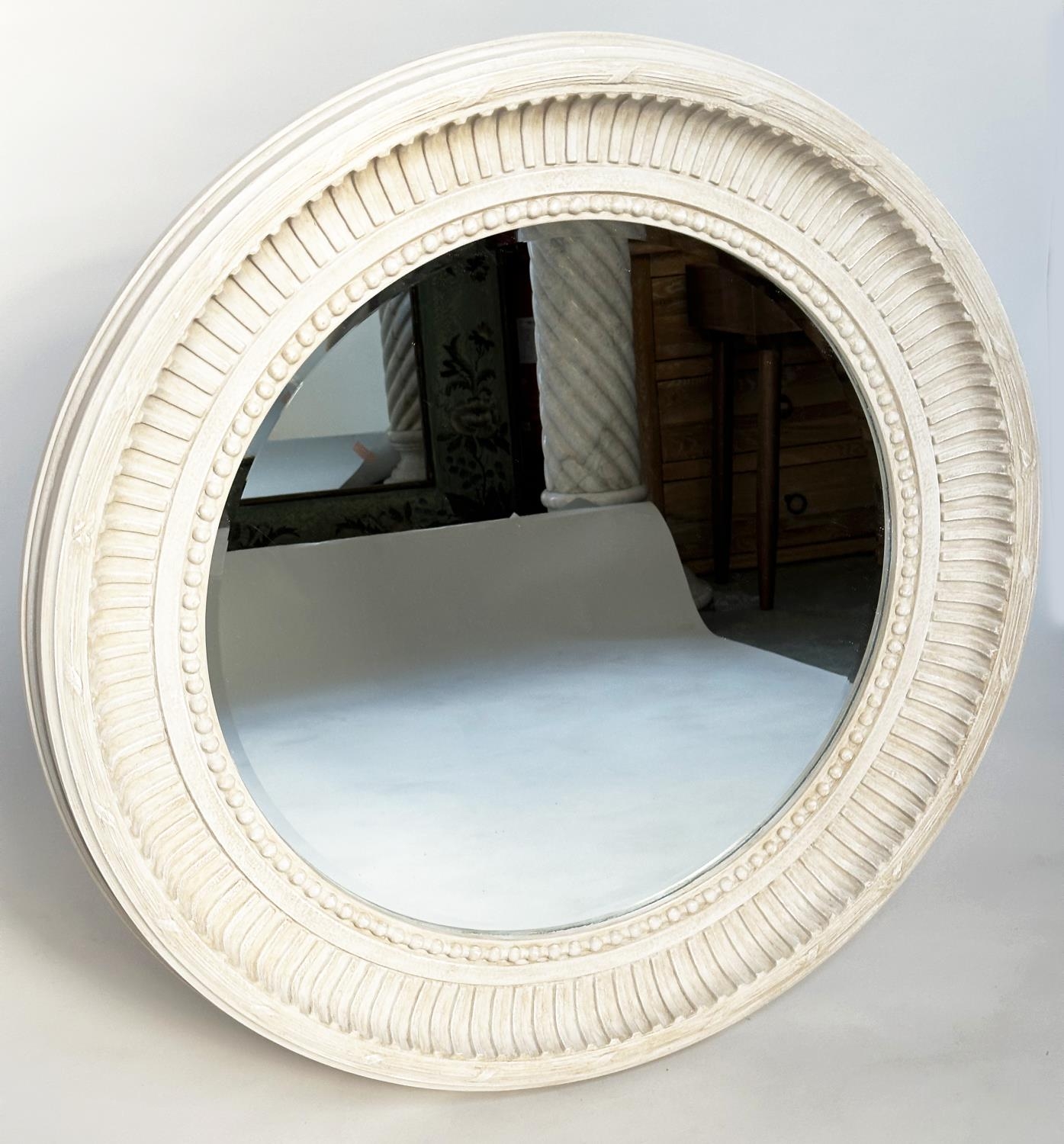CIRCULAR WALL MIRROR, French style grey painted with fluted and beaded frame, 84cm W.