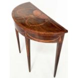 DEMILUNE SIDE TABLE, George III period fiddle back mahogany and satinwood marquetry inlaid on