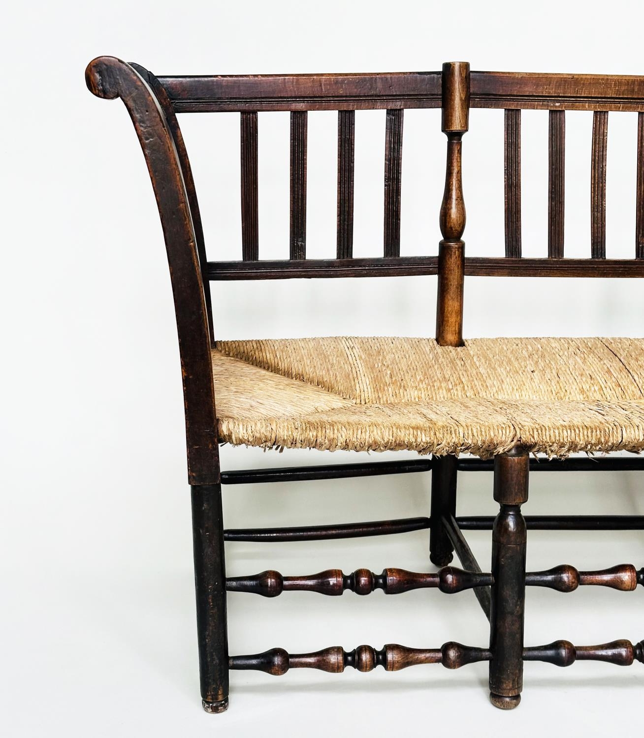 HALL BENCH, 19th century English fruitwood with slatted back, rush seat and turned stretchers, 145cm - Image 5 of 16