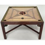 CARROM GAMES TABLE, square glass topped and stretchered supports with counters, 82cm x 82cm x 48cm