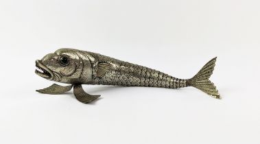 AN ARTICULATED MODEL OF A FISH, 20th Century, silver plated, green glass cabouchon eyes, 36cm long