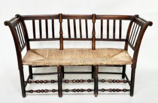 HALL BENCH, 19th century English fruitwood with slatted back, rush seat and turned stretchers, 145cm