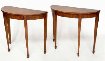 PIER TABLES, a pair, George III design satinwood and crossbanded each demilune with square