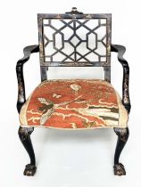 CHINESE CHIPPENDALE STYLE ARMCHAIR, lacquered and hand painted polychrome and gilt Chinoiserie