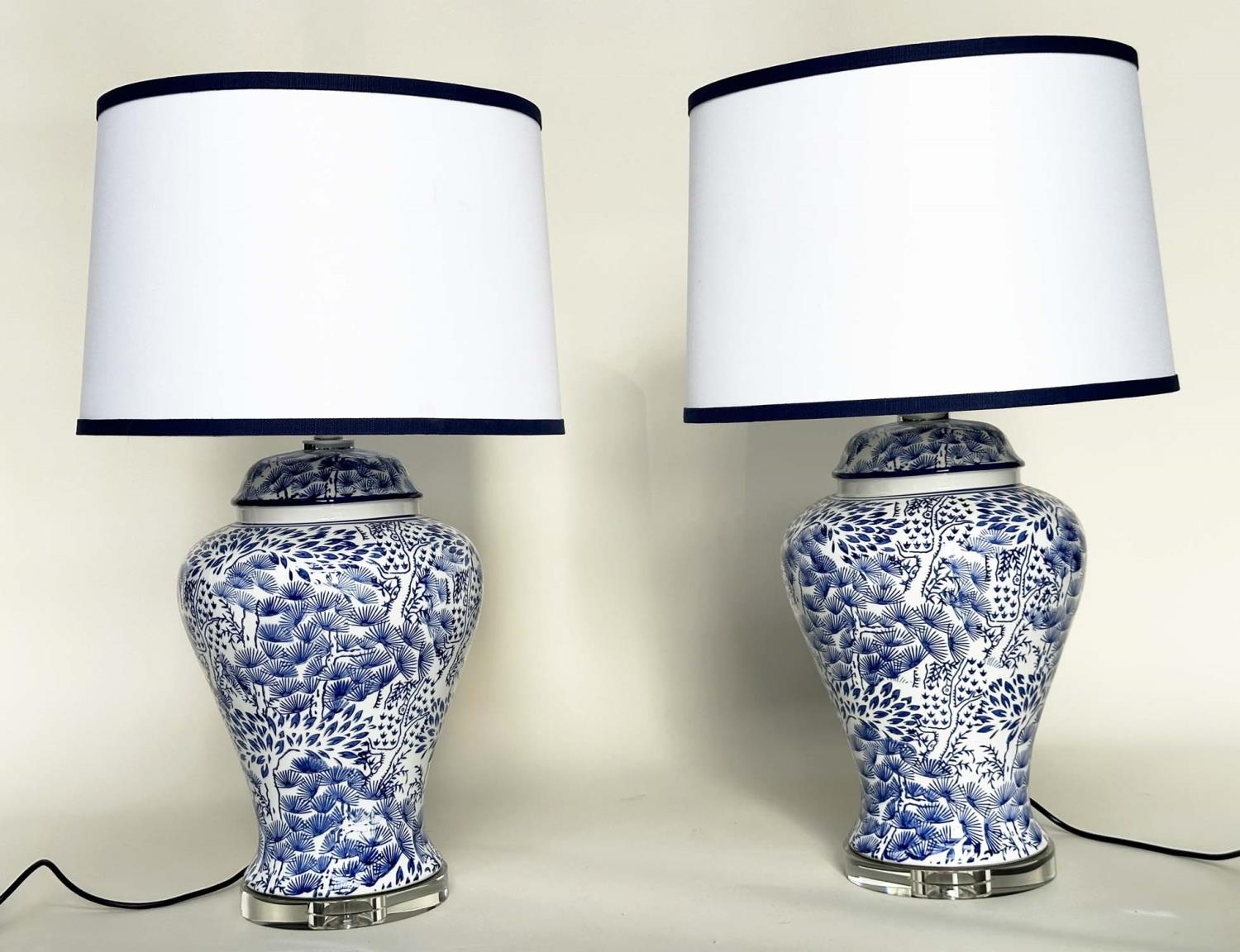 TABLE LAMPS, a pair, Chinese fern blue and white ceramic of lidded vase form with lucite bases and - Image 4 of 7