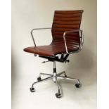 AFTER CHARLES AND RAY EAMES ALUMINIUM GROUP STYLE DESK, with ribbed natural mid brown leather