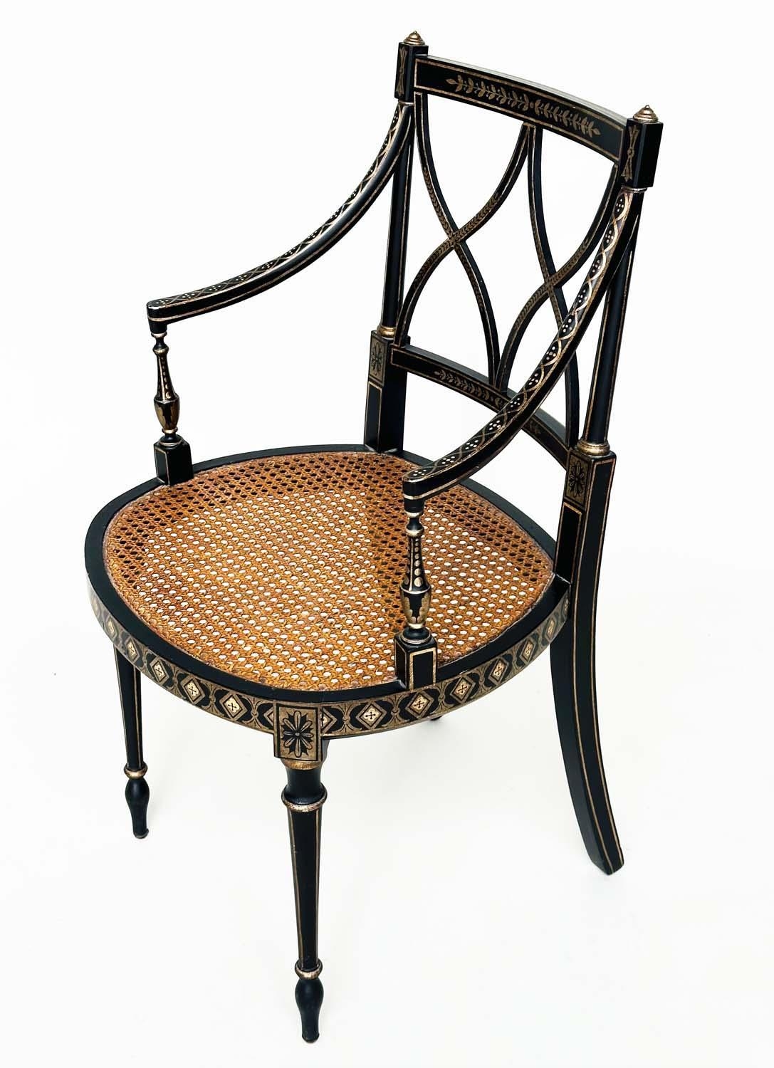 ARMCHAIRS, a pair, Regency style black lacquered and gilt painted with lattice backs and cane seats, - Image 14 of 15