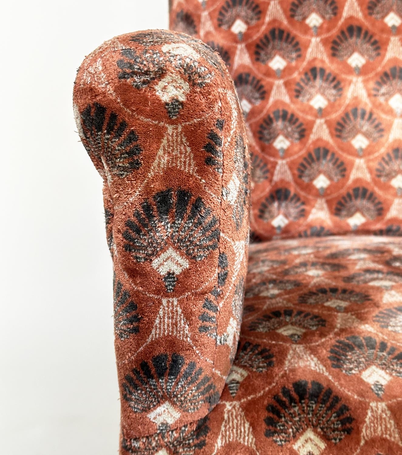 ARMCHAIR, early 20th century Art Deco style with patterned velvet upholstery and square section - Image 3 of 10