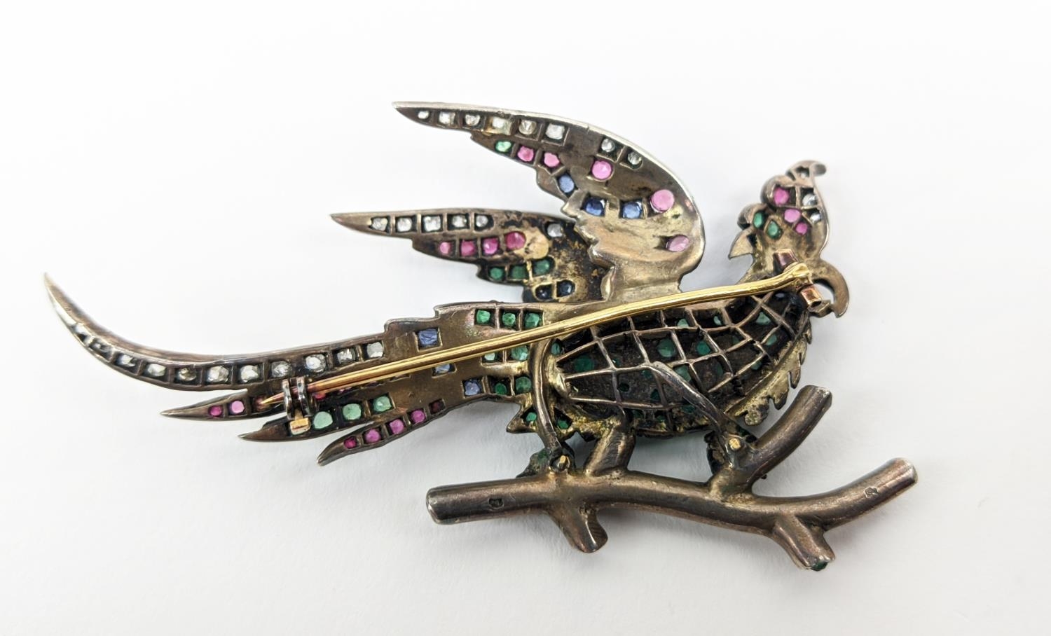 FIGURAL MULTI GEMSTONE SET BROOCH, in the form of an exotic bird on a branch, early 20th Century, - Image 4 of 6