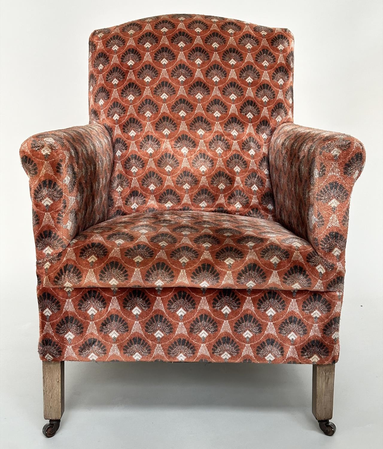 ARMCHAIR, early 20th century Art Deco style with patterned velvet upholstery and square section