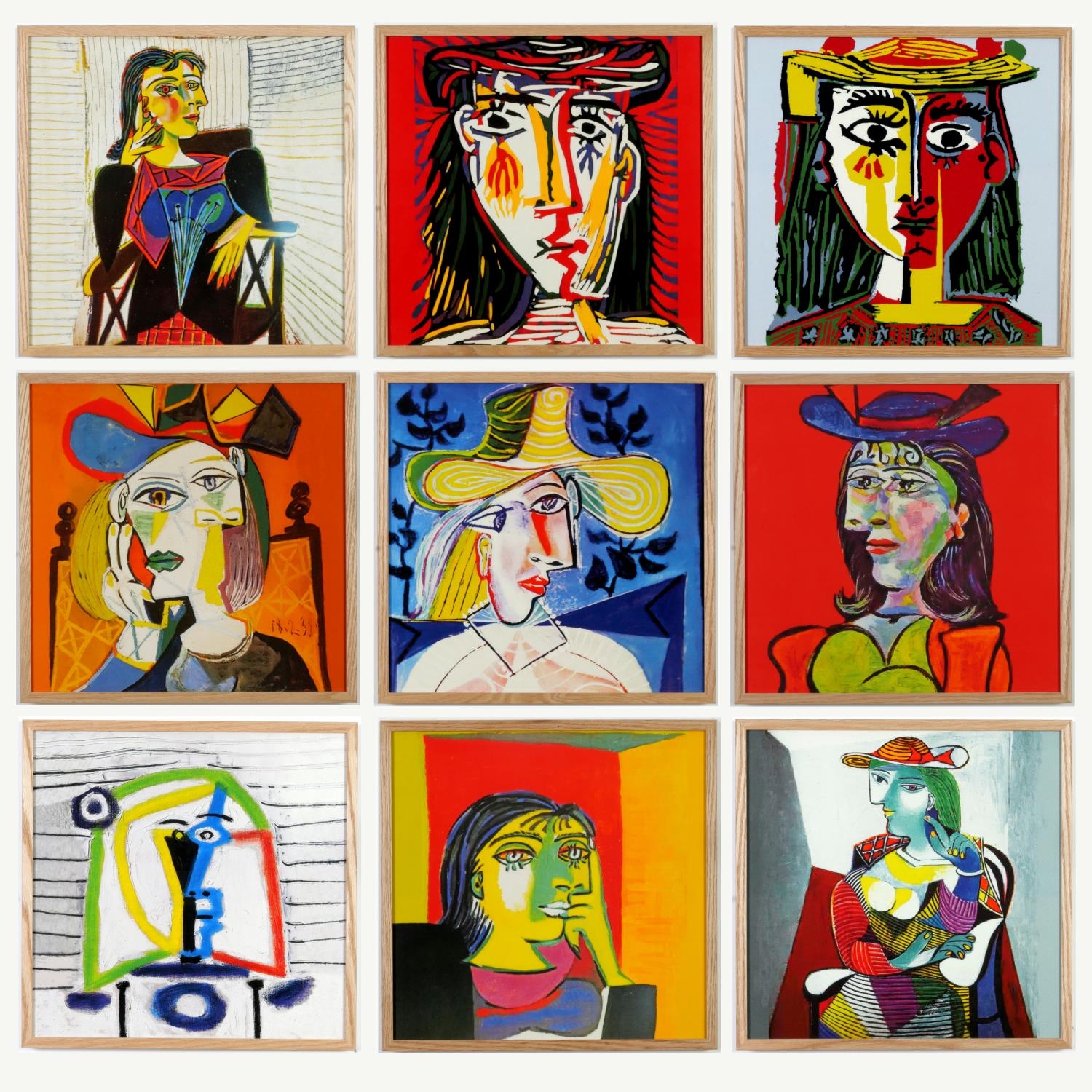 AFTER PABLO PICASSO, a set of nine colour portraits of women on cotton, 44cm x 44cm each.