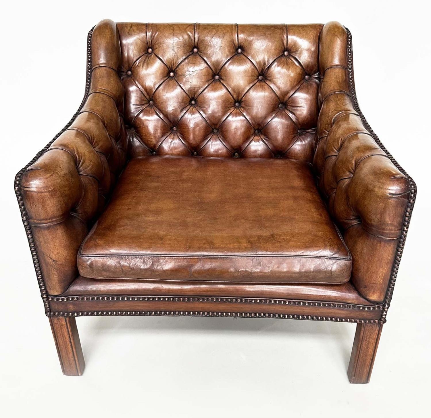 LIBRARY ARMCHAIR, 1970's style antique soft natural close nailed tan brown leather with button - Image 8 of 8