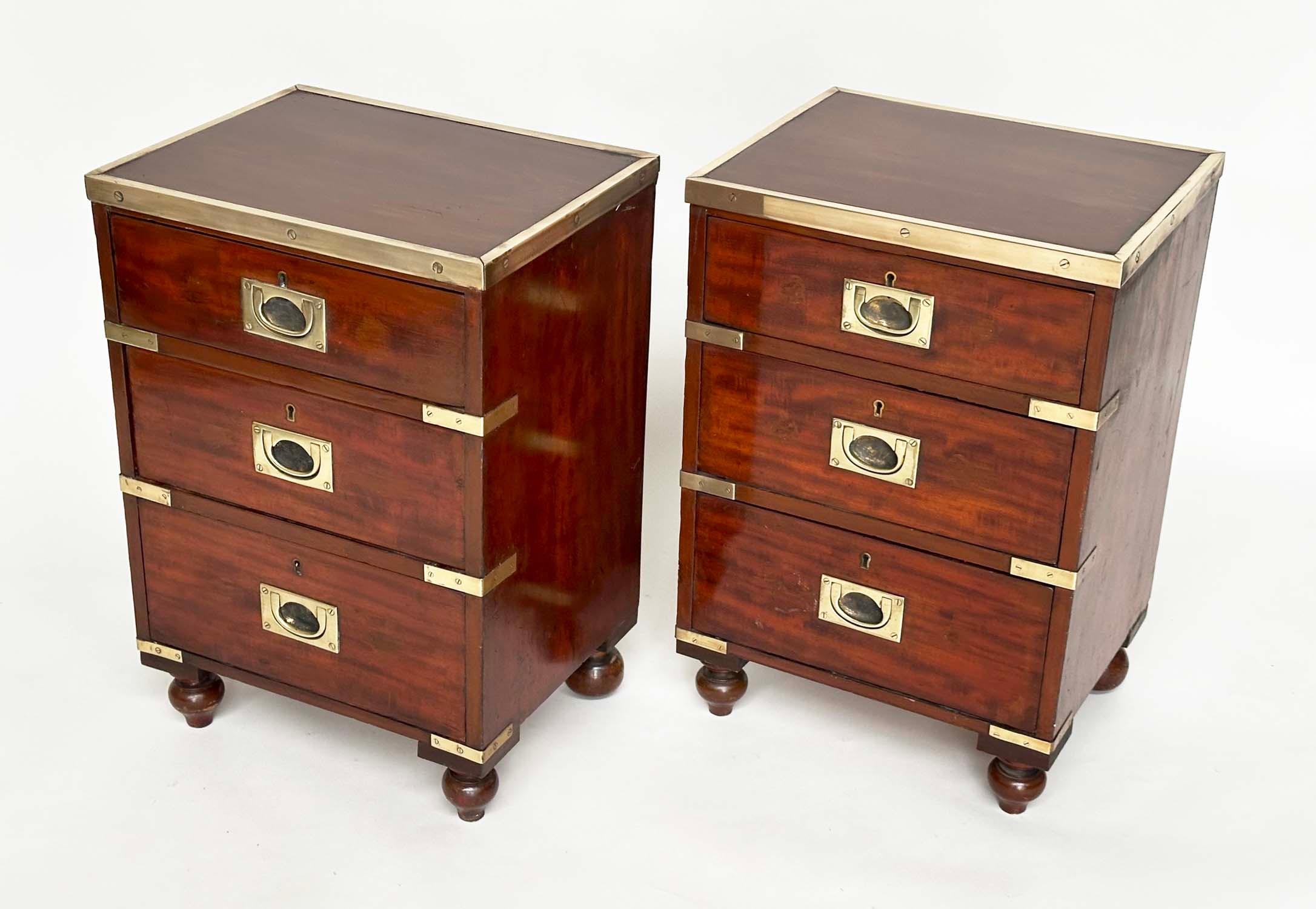 CAMPAIGN CHESTS, a pair, mahogany and brass bound each with three drawers and turned supports, - Image 2 of 10